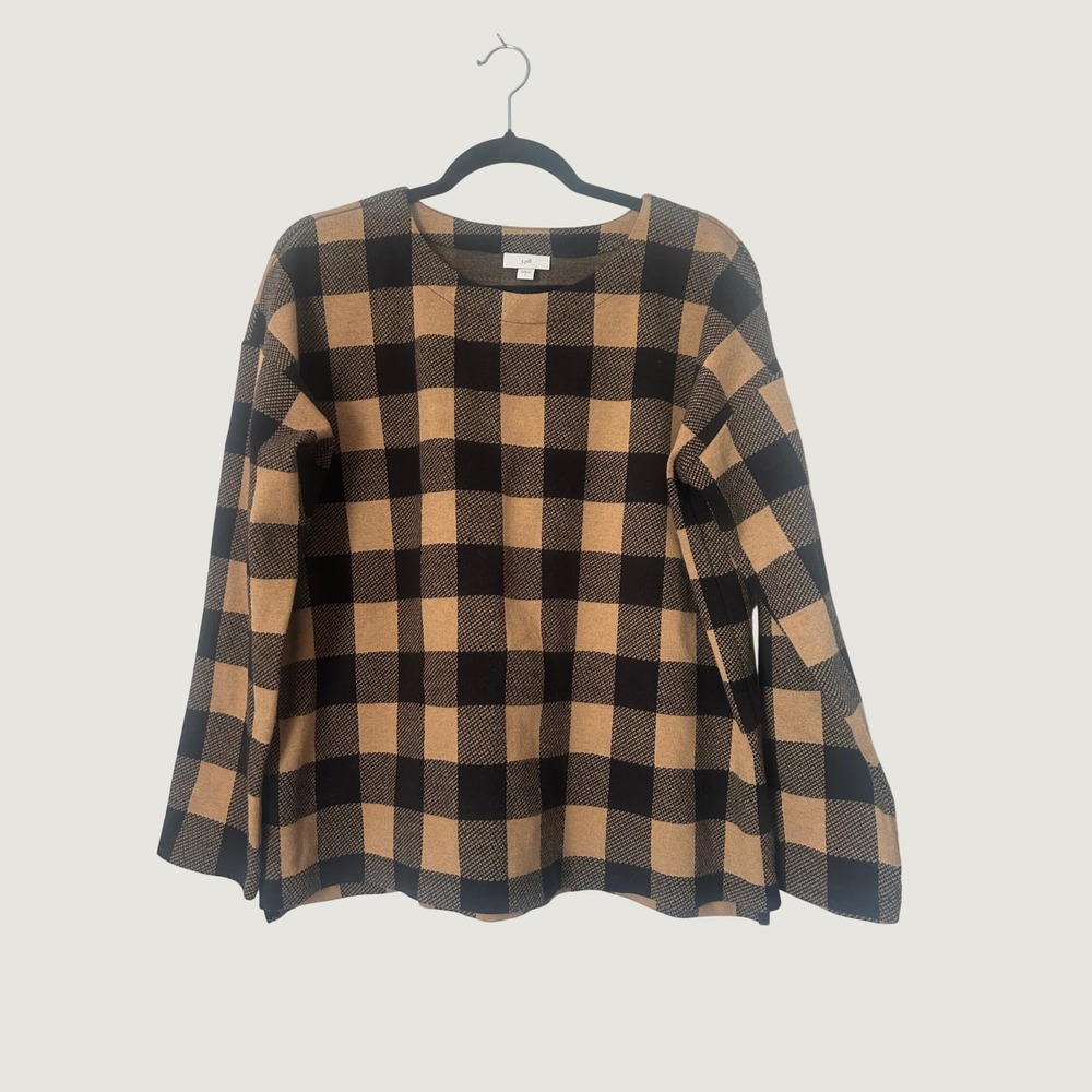 J. Jill Buffalo Plaid Sweater Womens Large Tan Black Preppy Dark Academia Earthy